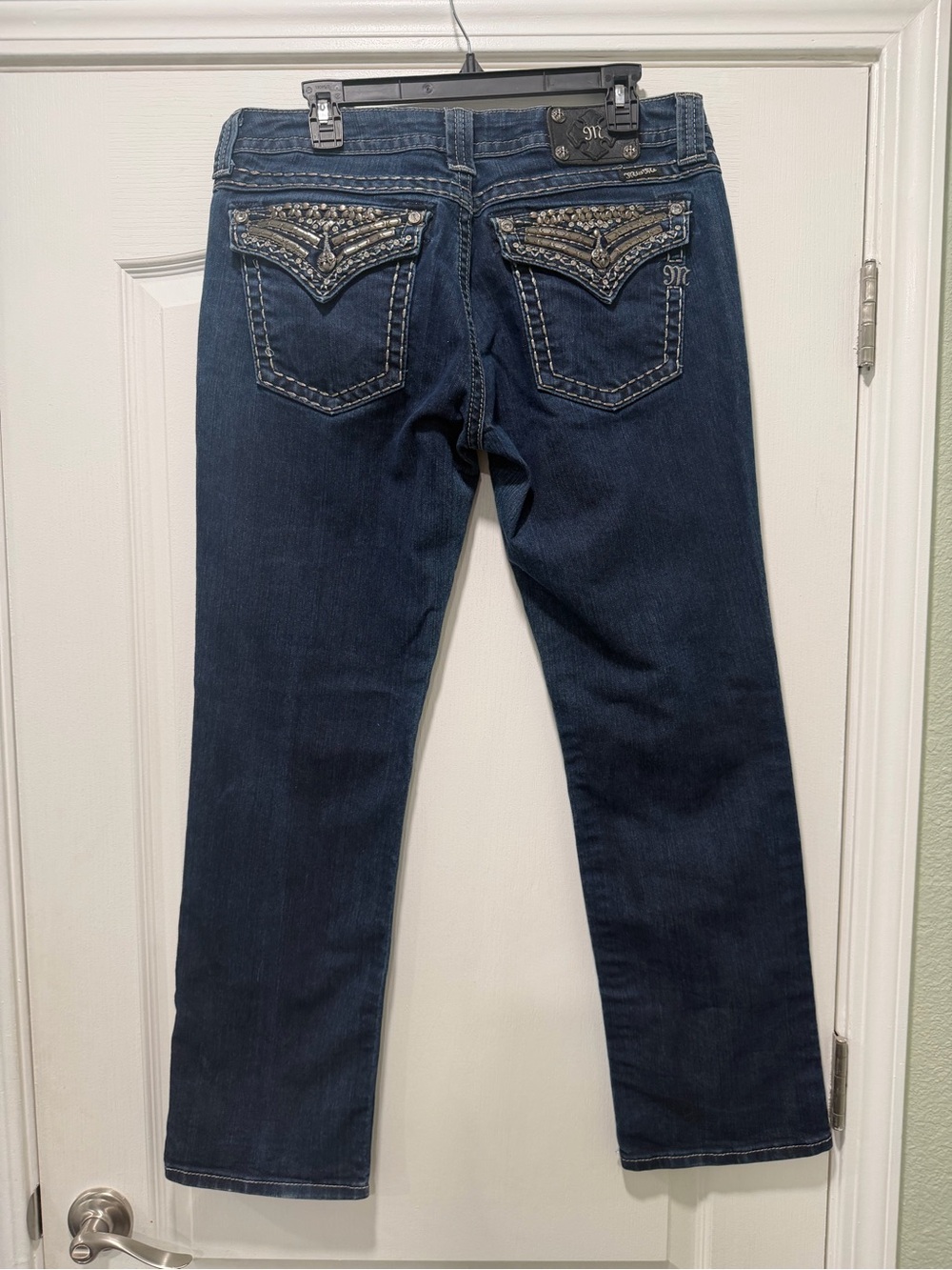 Miss Me Gunmetal Studded Rhinestone Straight Leg Embellished Dark Denim Jeans